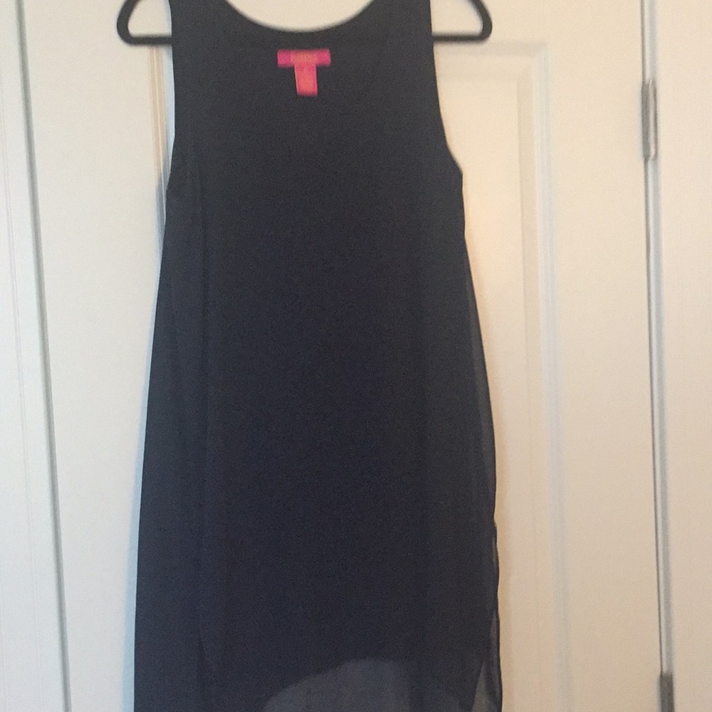 Navy form fitting dress with sheer overlay